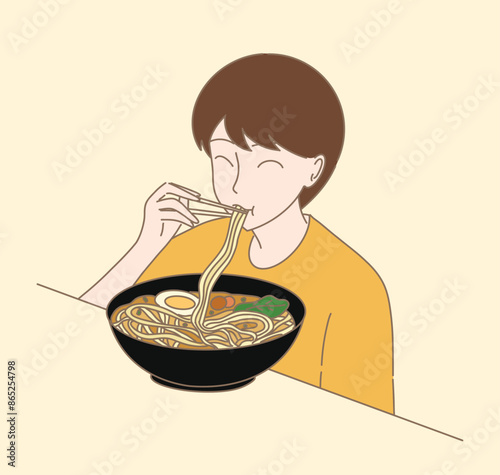 Young man eating ramen noodle soup with chopsticks. Hand drawn flat cartoon character vector illustration.