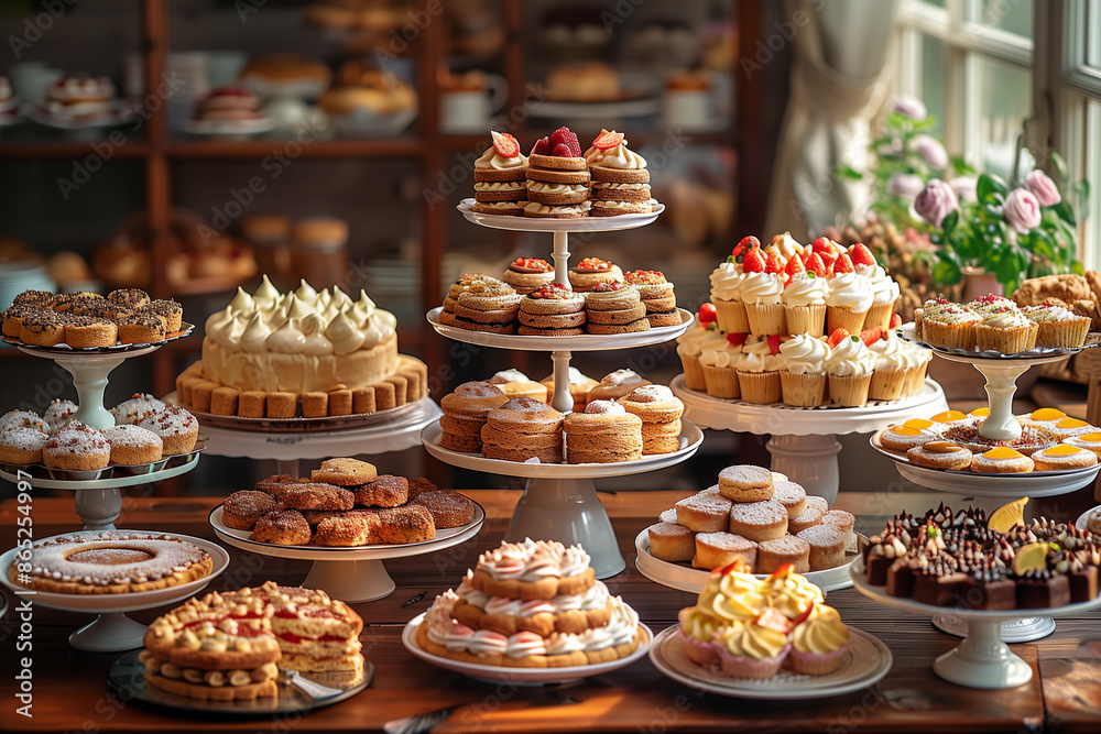 various pastries on a wooden board, close-up of a multi-layered cream cake with red berries and mint leaves, High resolution, detailed, high quality photo. various pastries on a wooden board, close-up of a multi-layered cream cake with red berries and mint leaves, High resolution, detailed, high quality photo.