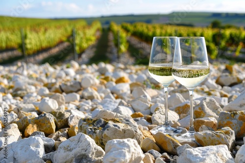 White wine from Sancerre Chavignol vineyards with flint soil near Sancerre village France