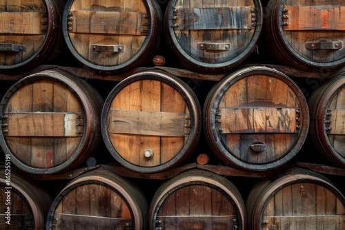 Wine barrels stacked at German wine cellar Vintage wooden background Multiple wine barrels and brandy hogsheads Wooden cask in winery
