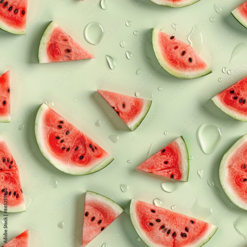 Seamless vegetable pattern with sliced watermelon on light green background with drops of water Seamless vegetable pattern with sliced watermelon on light green background with drops of water
