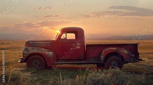 An old retro classic vintage red American pickup truck parked outside in the country with hazy light flare at sunset