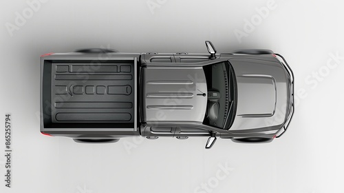 Gray pick up car truck above top view with empty trunk isolated