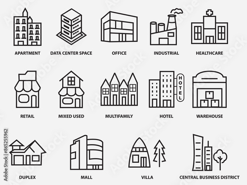 type of commercial real estate outline icon .property pictogram vector set isolated on white background