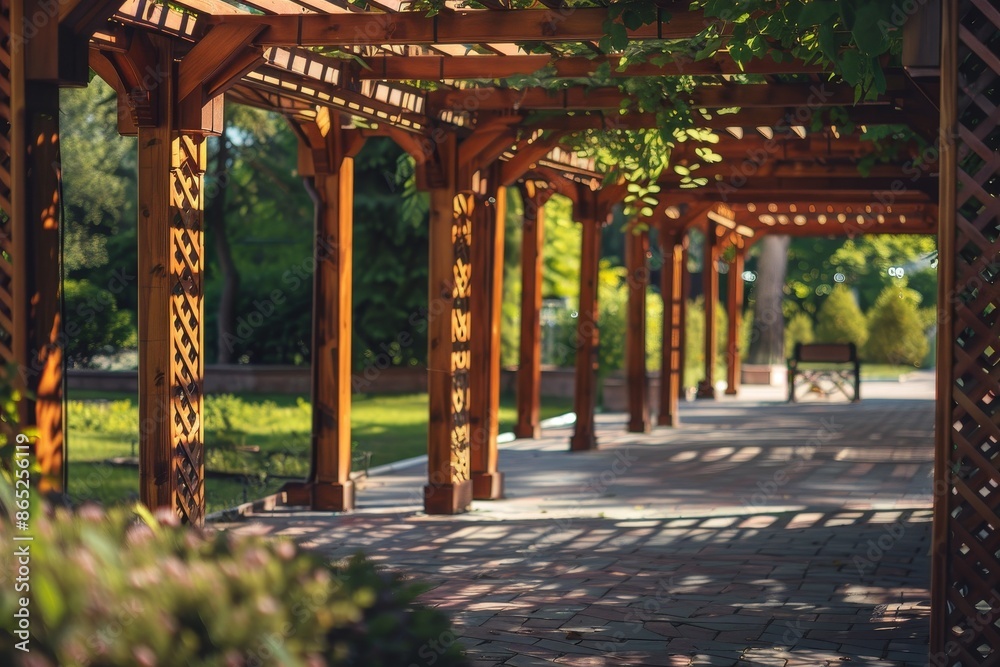 Wooden gazebo in lush garden street photo focus on beauty Wooden gazebo in lush garden street photo focus on beauty