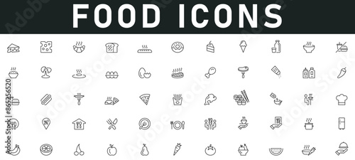 Food Icons vector illustration with thin line editable stroke contain cheese, fruit, chicken, fish, vegetable, eggs, ice cream, banana, meal, watermelon, spoon, fridge, pizza, burger, fast food, juice