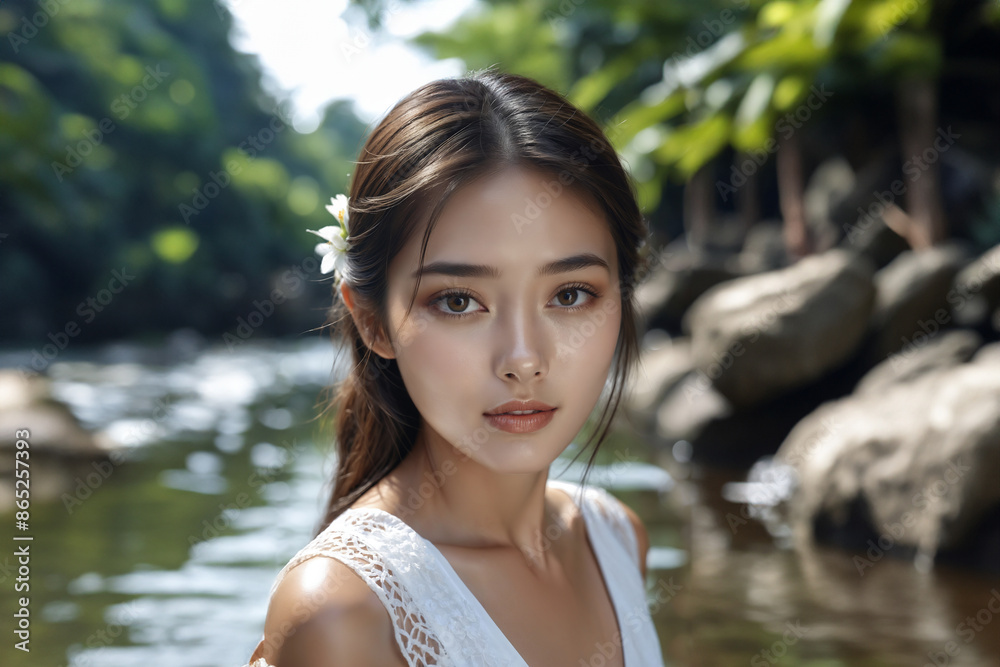 Asian girl wearing white sundress with waterfall and river background. Asian girl wearing white sundress with waterfall and river background.