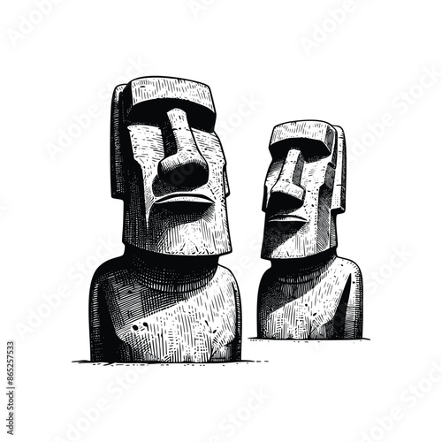 hand drawn moai statue illustration. engraving black and white moai statue vector illustration isolated on white background