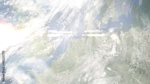Zoom in from space and focus on Drachten, Netherlands. 3D Animation. Background for travel intro. Elements of this image furnished by NASA photo