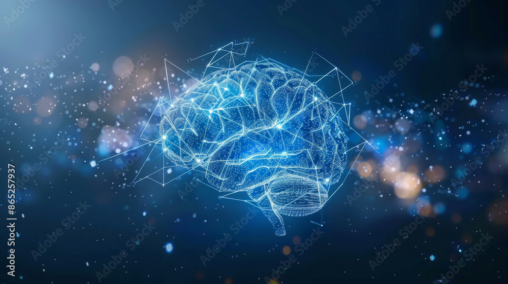 Artificial intelligence and brain illustration against a dark blue background. Featuring neural network technology concept with elements of cloud and computing technology. Artificial intelligence and brain illustration against a dark blue background. Featuring neural network technology concept with elements of cloud and computing technology.