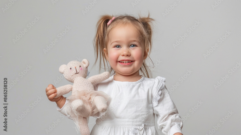 cute little girl playing with doll on white background cute little girl playing with doll on white background