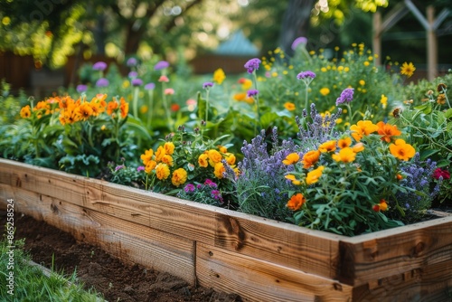 Colorful flowers in a wooden raised garden bed