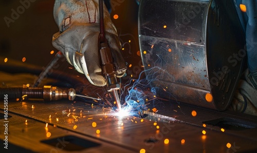 A close-up of a welder's hands and tools in action, sparks flying