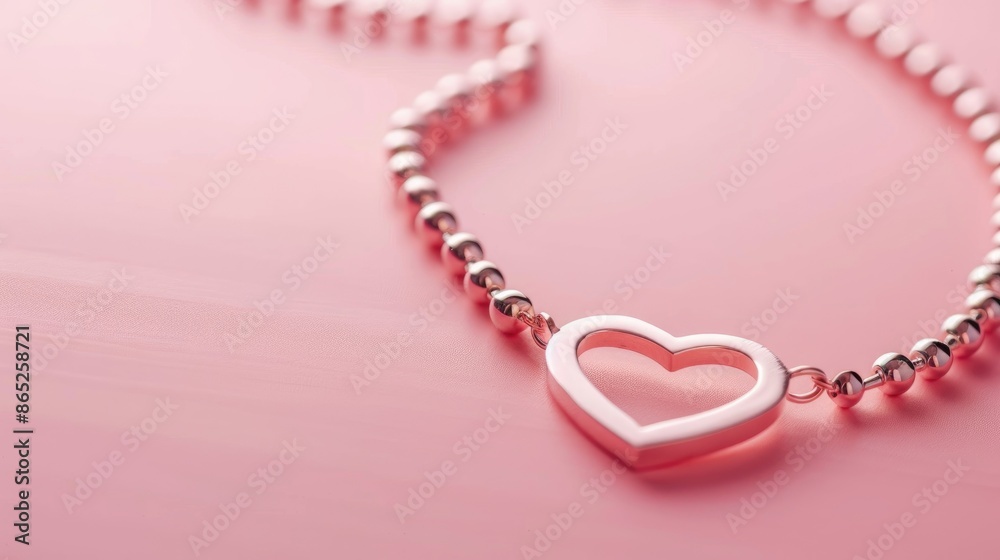 Obraz premium Heart shaped chain necklace on pink background from above Romantic theme