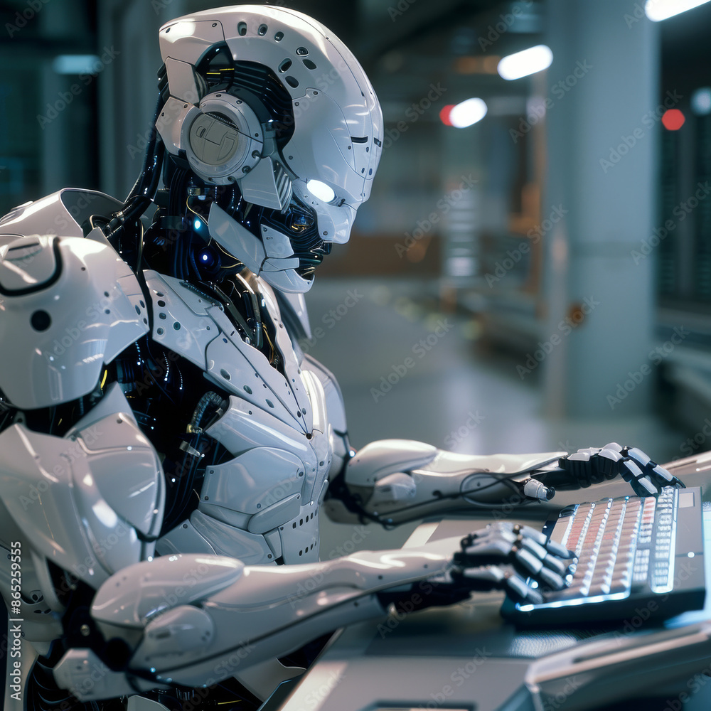Cartoon vector illustration of a robot coding and sitting at a laptop, with bot hands working on program windows. Represents software code automation development using AI, machine learning. Cartoon vector illustration of a robot coding and sitting at a laptop, with bot hands working on program windows. Represents software code automation development using AI, machine learning.