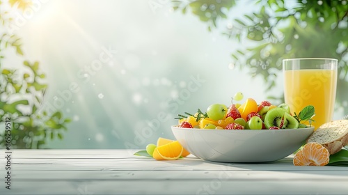 Fototapeta Naklejka Na Ścianę i Meble -  Healthy breakfast setup with a bowl of fresh fruits and a glass of orange juice on a table