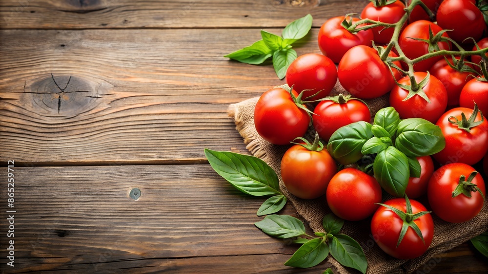 Colorful tomatoes and leaves from the fresh garden displayed on a wooden kitchen table top view presentation Colorful tomatoes and leaves from the fresh garden displayed on a wooden kitchen table top view presentation