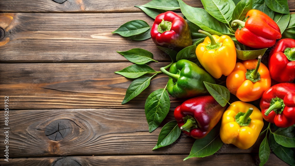Colorful bell peppers and leaves from the fresh garden displayed on a wooden kitchen table top view presentation