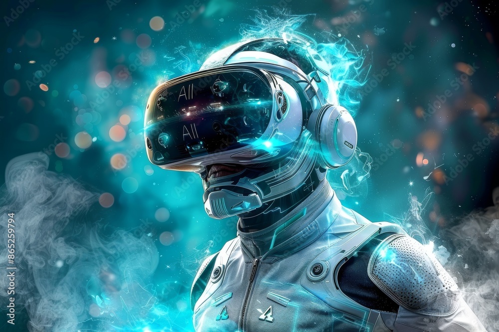 Futuristic VR headset with AI integration, highlighting advancements in virtual reality and artificial intelligence technology Futuristic VR headset with AI integration, highlighting advancements in virtual reality and artificial intelligence technology
