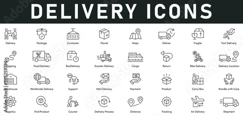 delivery Icons vector illustration with thin line editable stroke contains package, container, parcel, maps, fragile, shipping, cargo, location, warehouse, support, payment, product, shipment, courier