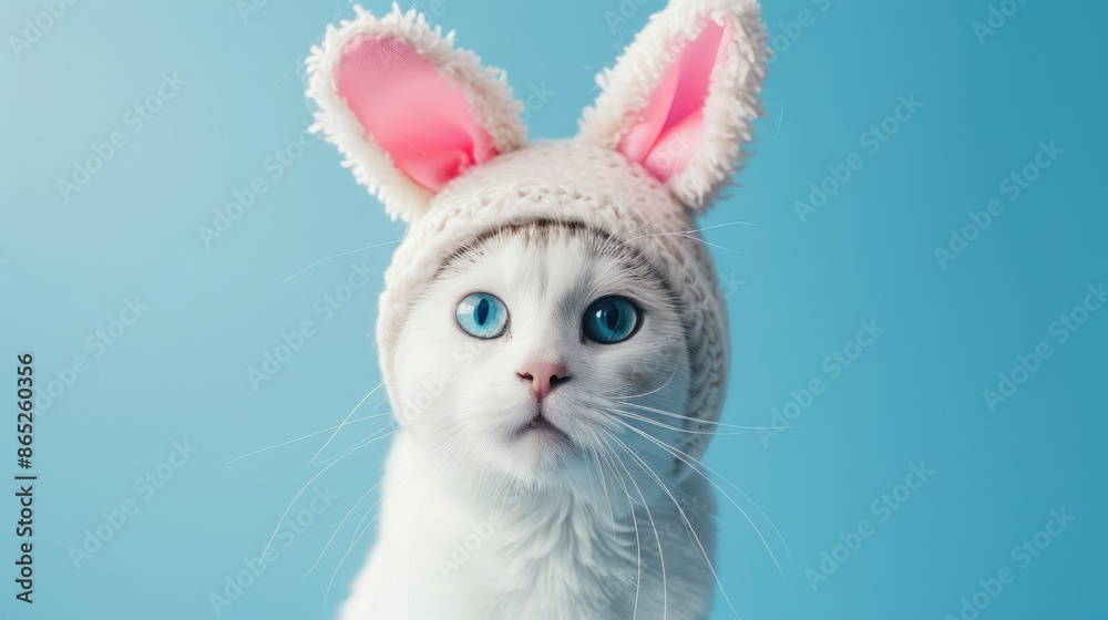 Fototapeta premium Amusing cat with white fur wearing hat and bunny ears against blue backdrop