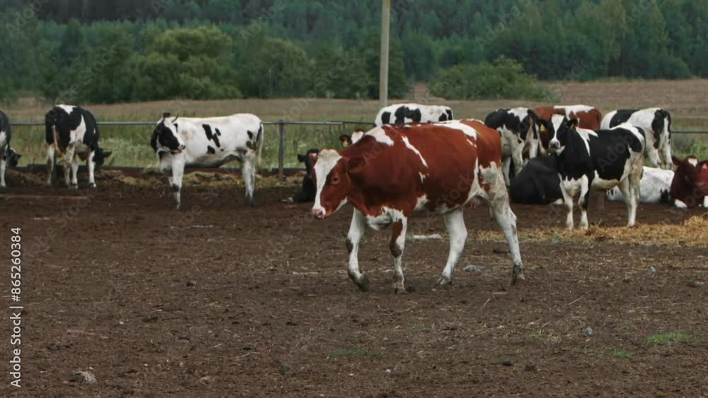 A serene scene of cows peacefully grazing on a muddy ground and a forest in a countryside field A serene scene of cows peacefully grazing on a muddy ground and a forest in a countryside field