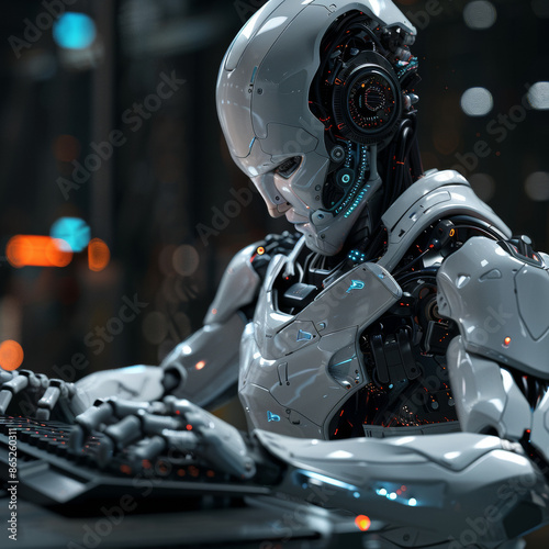 Cartoon vector illustration of a robot coding and sitting at a laptop, with bot hands working on program windows. Represents software code automation development using AI, machine learning.