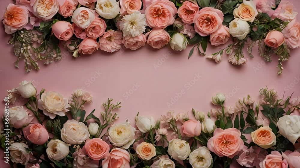 flat lay beautiful frame from floral arrangement with pale pink roses and delicate white flowers against a soft pink background, space for text, holiday background flat lay beautiful frame from floral arrangement with pale pink roses and delicate white flowers against a soft pink background, space for text, holiday background