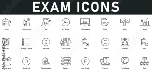 Exam Icons vector illustration with thin line editable stroke contains examination, test, A+, B, C, D+, F grade, online exam, paper, select, score, study, fail, pass, answer, assessment, questionnaire