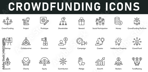 Crowdfunding Icons vector illustration with thin line editable stroke contains project, shareholder, reward, social participation, money, platform, startup, collaborative, donation, campaign, launch  
