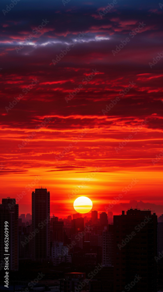 A sunset over a city skyline with a large sun in the sky A sunset over a city skyline with a large sun in the sky