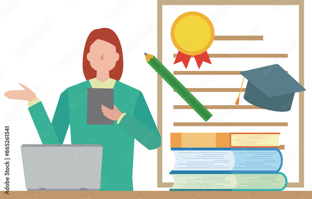 勉強をして資格を取得する女性のイラスト 勉強をして資格を取得する女性のイラスト