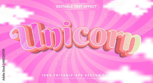 Unicorn 3d editable vector text effect template with cloudy background