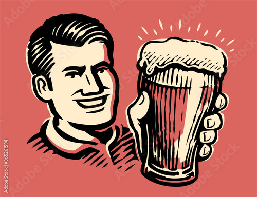 Vintage advertisement banner with man holding glass full of beer. Design element for pub or restaurant menu, cafe