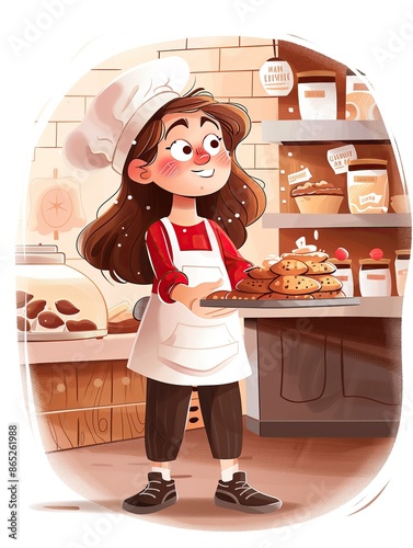 Friendly caucasian female baker, holding a tray of cookies in her hand, a bakery slightly in background, illustration, childfriendly photo