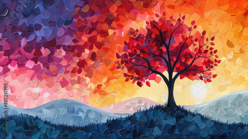 Fototapeta Naklejka Na Ścianę i Meble -  Elegant colorful tree with vibrant leaves hanging branches illustration background. Bright color 3d abstraction wallpaper for interior mural painting wall art decor. Ai