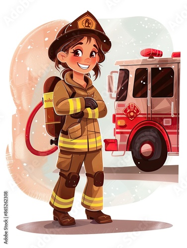 Friendly caucasian female firefighter, holding a fire hose in her hand, a fire truck slightly in background, illustration, childfriendly photo