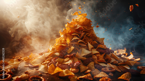 Unhealthy Snack Explosion in Hyper Realistic Junk Food Volcano - Photo Background photo