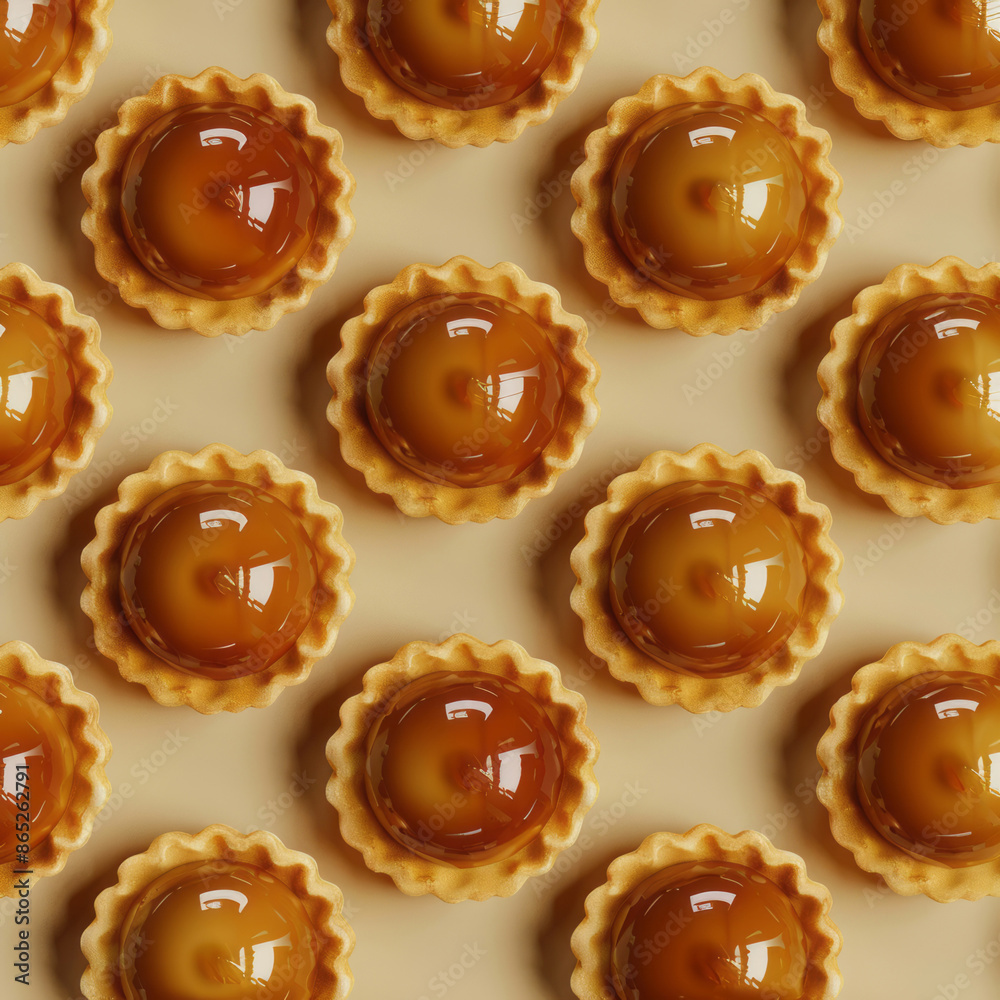Small egg tarts with caramel filling and glossy glaze are arranged in geometric patterns. Small egg tarts with caramel filling and glossy glaze are arranged in geometric patterns.
