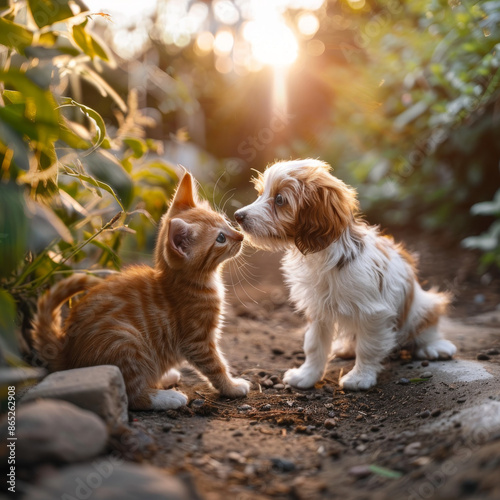 A friendly dog and cat sitting together, smiling and hugging each other. photo