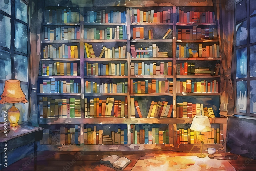 Watercolor animation background of a classic bookshelf. Watercolor animation background of a classic bookshelf.