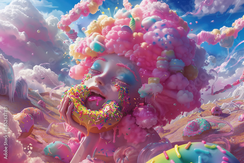 A 3D Rendering of Fantasy World of Chaos: Cotton Candy Hair Creature Bingeing on Donuts in a Sugar Land photo