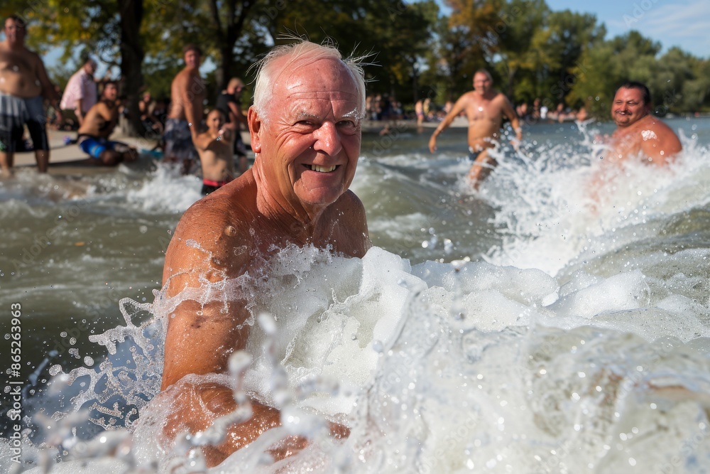 Senior Man Enjoys a Refreshing Swim in a Lake on a Sunny Day Senior Man Enjoys a Refreshing Swim in a Lake on a Sunny Day
