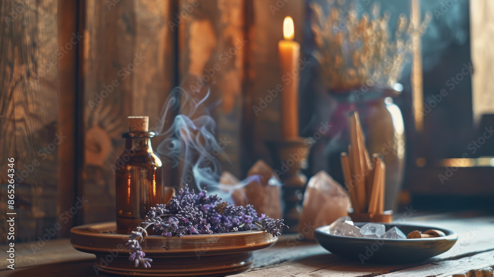 a round table against a wooden paneled wall, with a brown glass bottle holding dried lavender a round table against a wooden paneled wall, with a brown glass bottle holding dried lavender