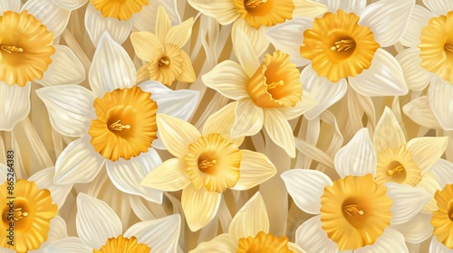 A seamless pattern of daffodils with white petals and yellow centers.