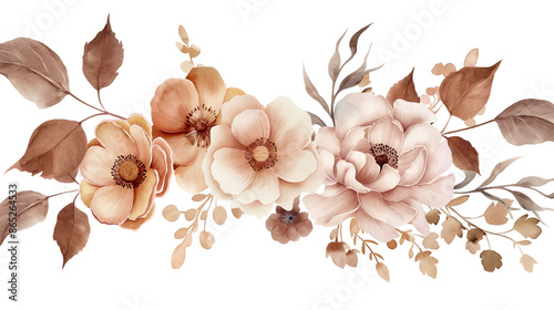 Autumn vector watercolor arrangement with flowers and leaves. Trendy blush pink, peach, golden, cream, beige, brown flowers isolated on a transparent background