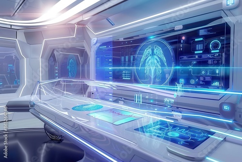 A futuristic medical examination room with holographic displays showing medical information