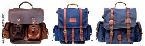 Set of retro-inspired school bags featuring vintage designs and leather details, isolated on transparent background