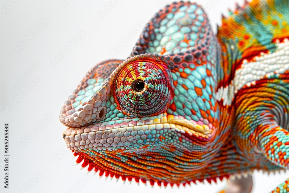 Isolated lizard chameleon portrait isolated on a white png background with vibrant ornate paint on the skin and scales, reptile animal, vibrant and colorful. Isolated lizard chameleon portrait isolated on a white png background with vibrant ornate paint on the skin and scales, reptile animal, vibrant and colorful.