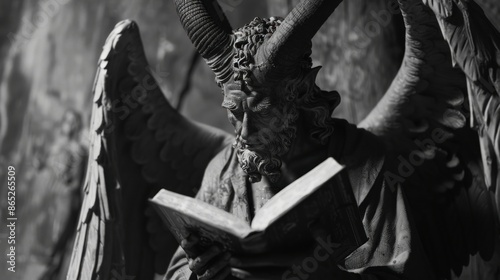 Portrait of a statue of devil with horns reading a book